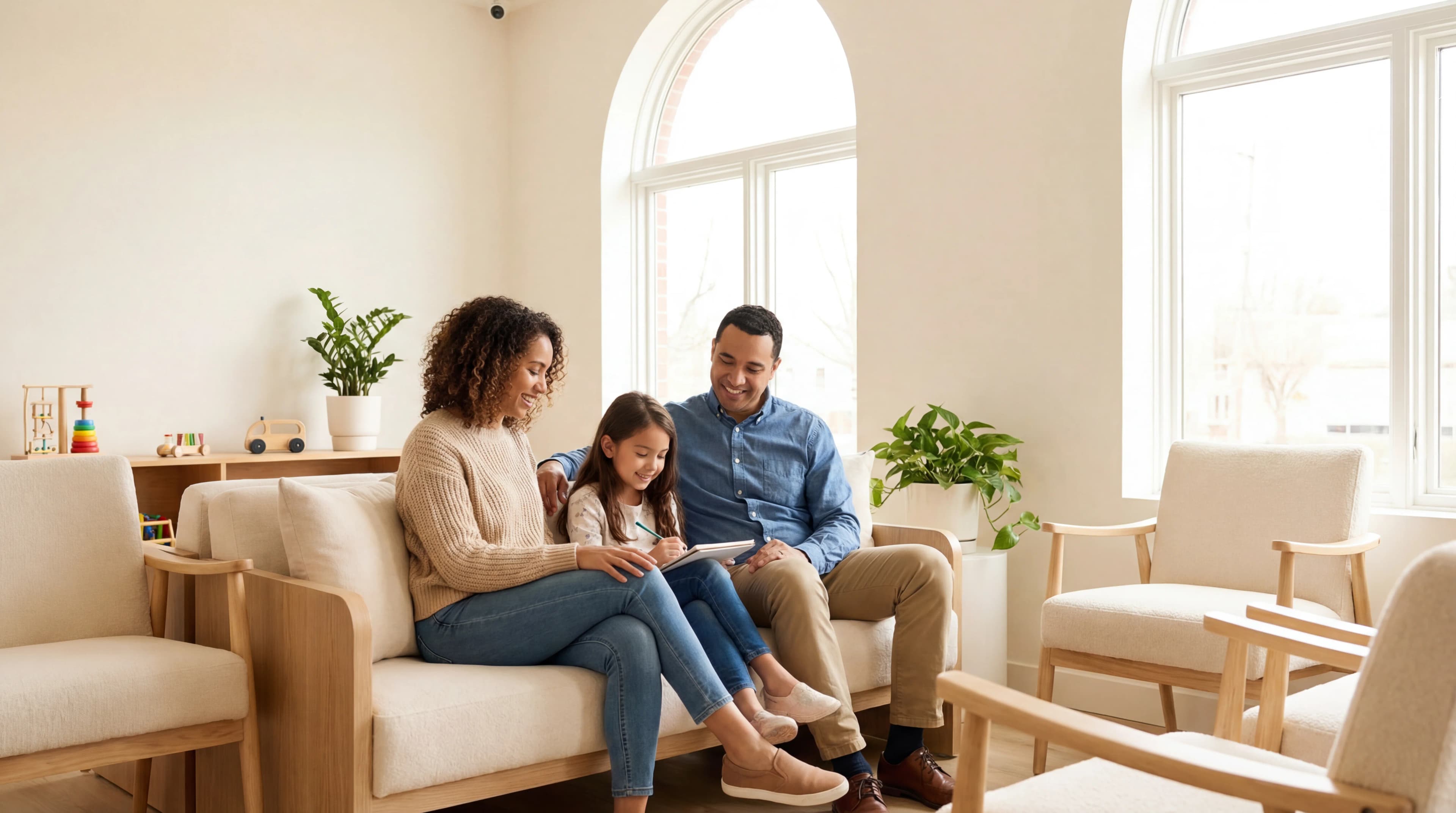 Familie entspannt im Wartebereich – Zahnarzt für alle Altersgruppen