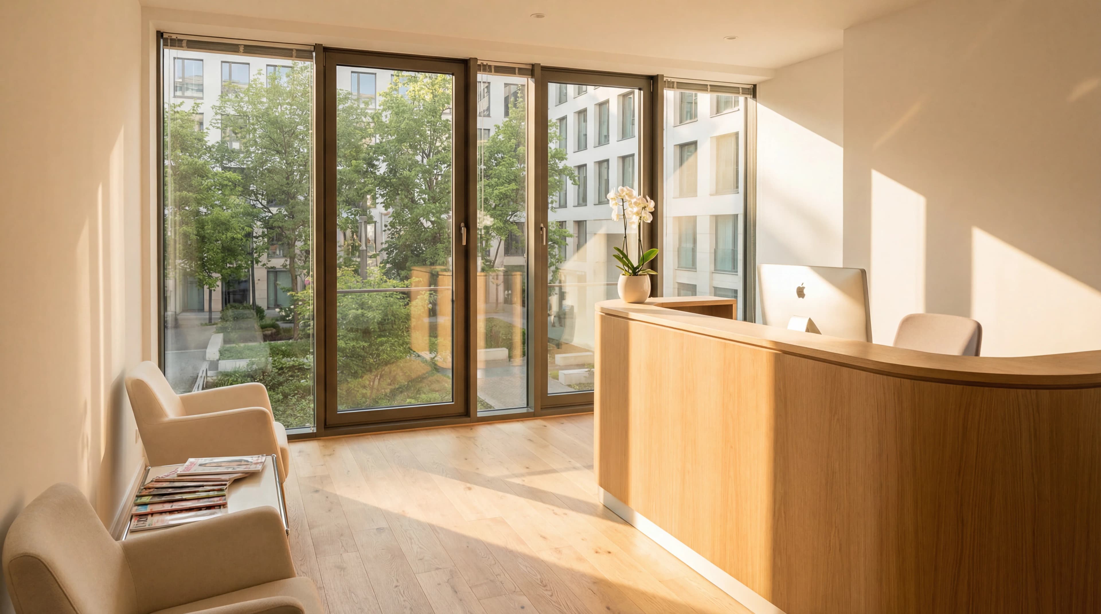 Heller, moderner Empfangsbereich von Kaiser Dental Regensburg