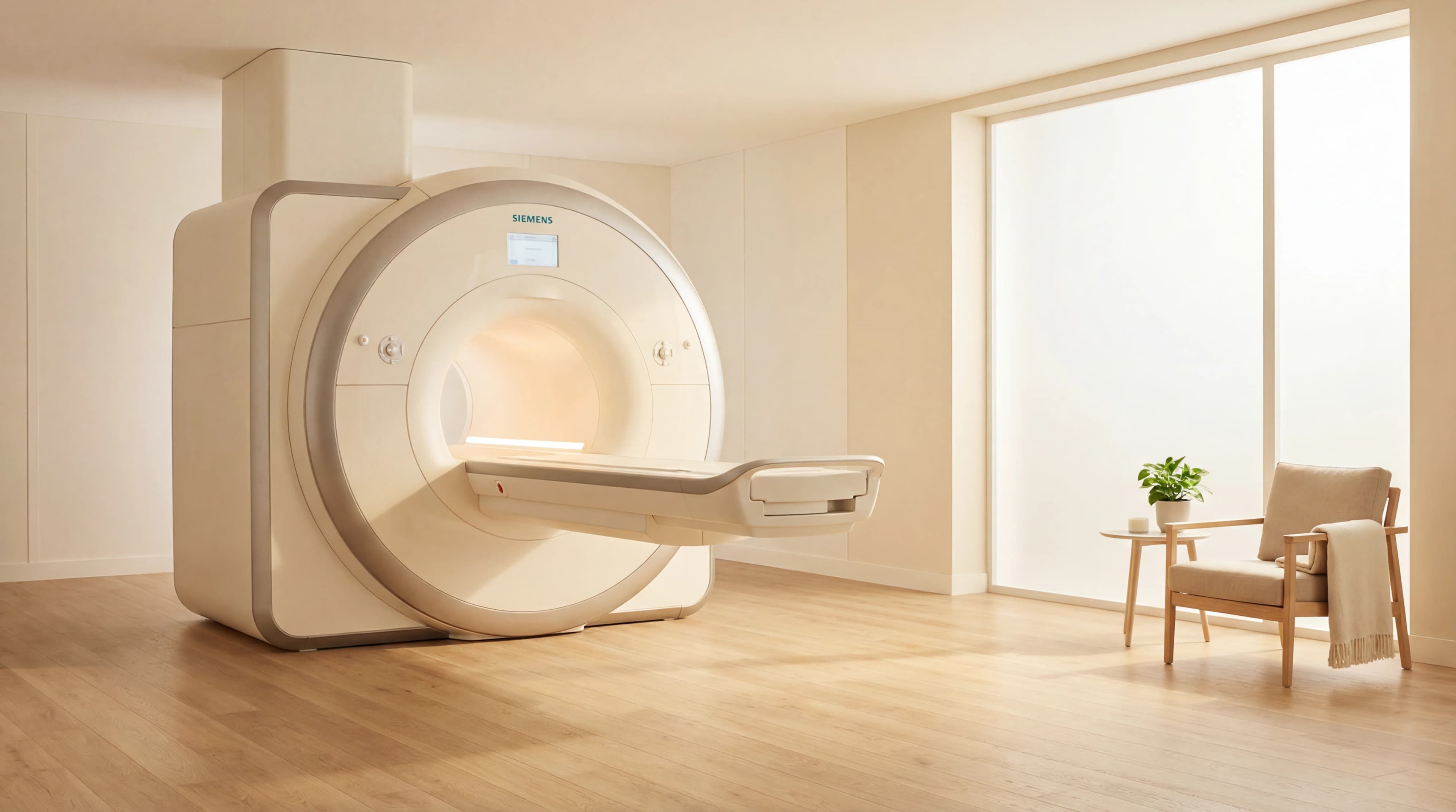 Moderner MRT-Scanner in heller, ruhiger Untersuchungsräumlichkeit